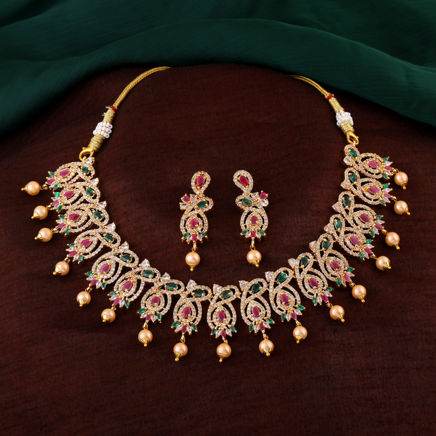 Estele Gold Plated CZ Magnificent Designer Necklace Set with Colored Stones & Pearls for Women