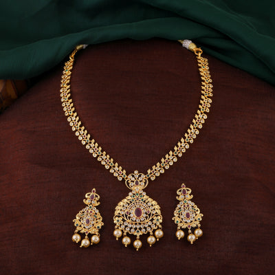 Estele Gold Plated CZ Ravishing Bridal Necklace set with Pearls & Colored Stones for Women