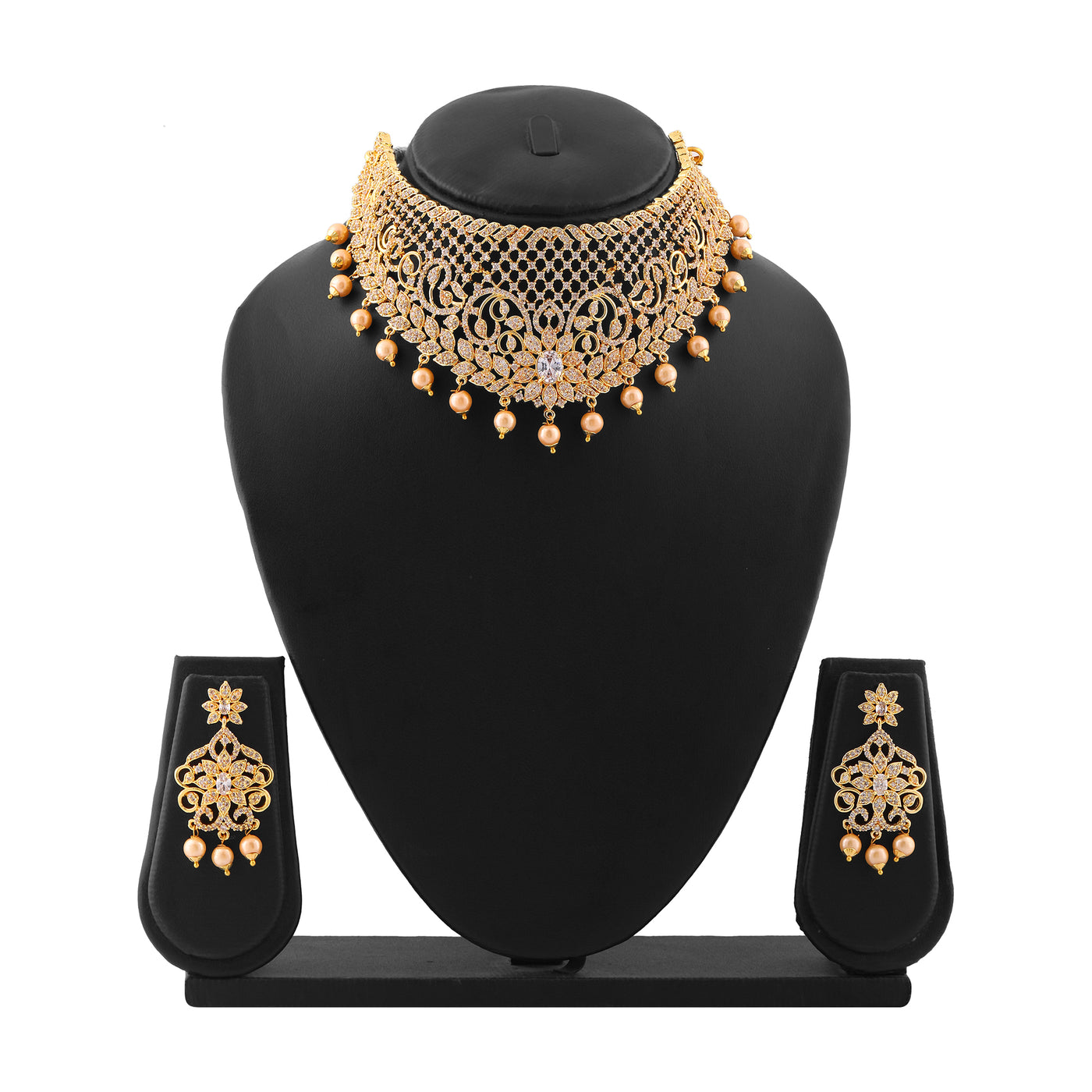 Estele Gold Plated CZ Fascinating Bridal Choker Necklace Set with Crystals & Pearl for Women