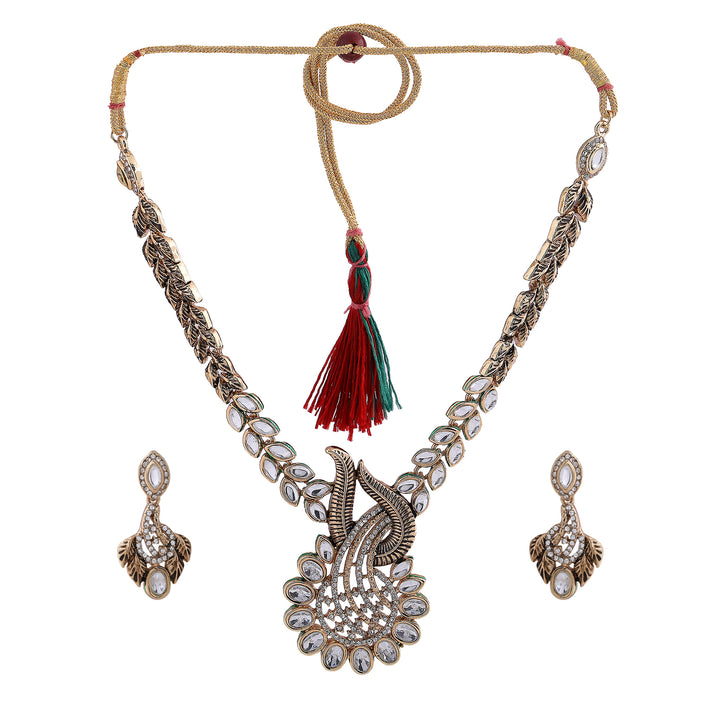 Estele Gold Plated Traditional Antique Kundan Paisley Fern Necklace Set for Women