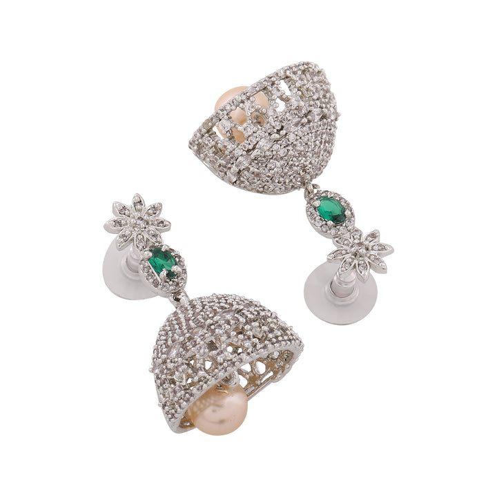 Estele Rhodium Plated CZ Floral Designer Bridal Choker Necklace set with Pearl & Color Stones for Women