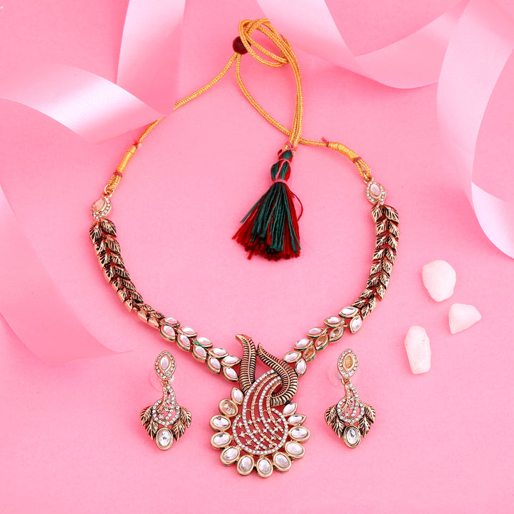 Estele Gold Plated Traditional Antique Kundan Paisley Fern Necklace Set for Women