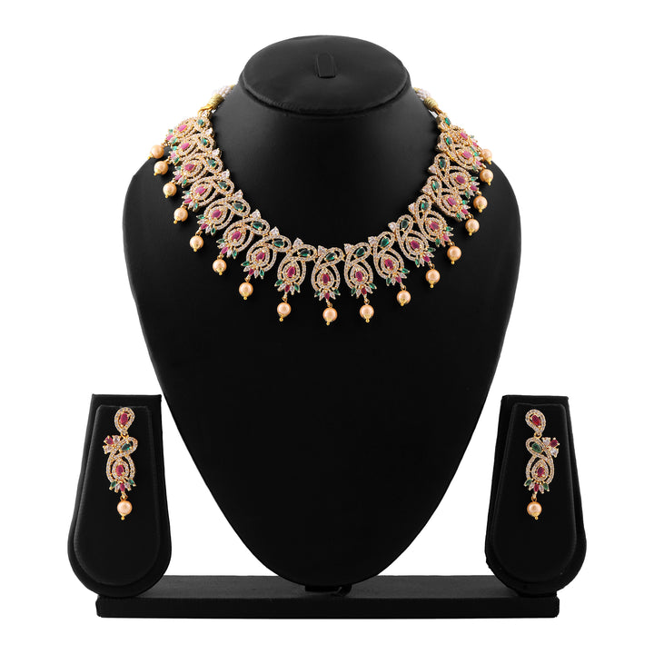 Estele Gold Plated CZ Magnificent Designer Necklace Set with Colored Stones & Pearls for Women