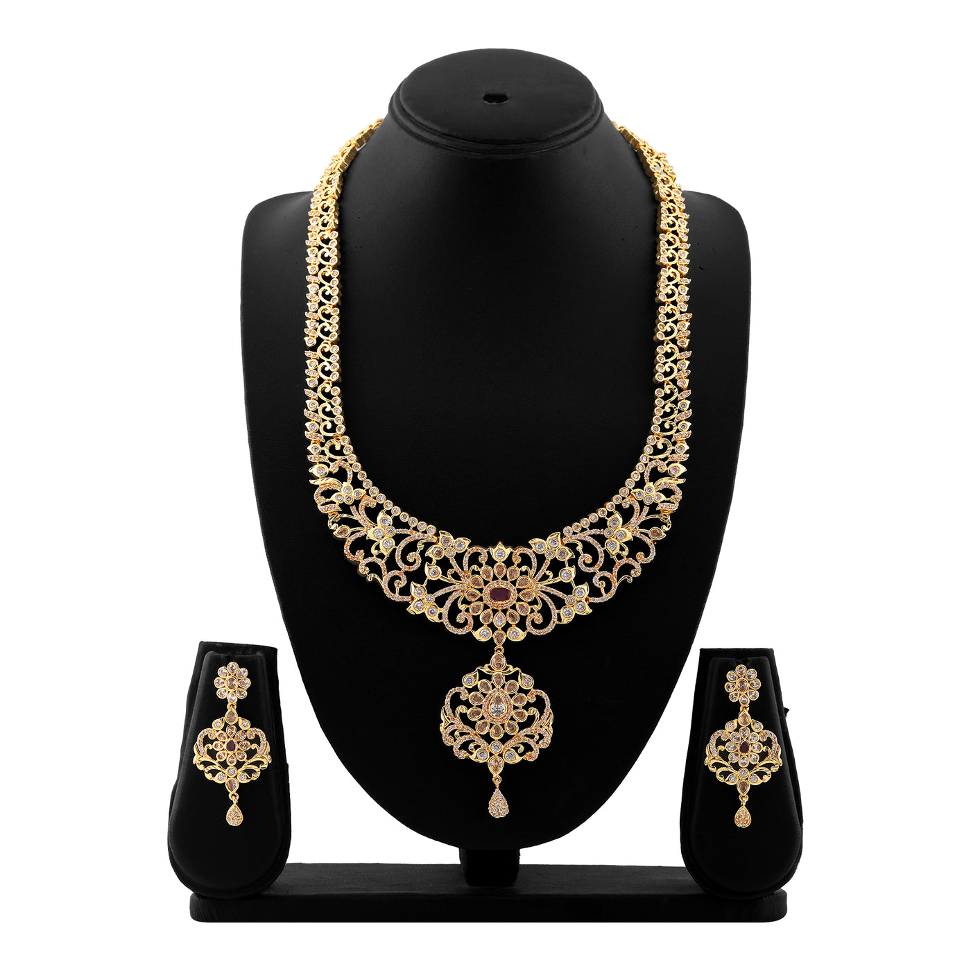 Estele Gold Plated CZ Stunning Filgari Bridal Necklace Set with Colored Stones & Pearl for Women