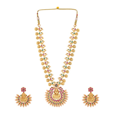 Estele Gold Plated CZ Traditional Laxmi Ji Designer Necklace Set with Pearls for Women