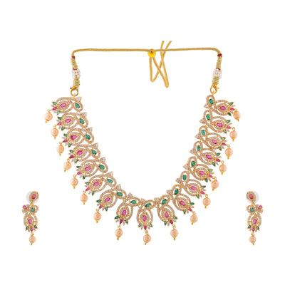 Estele Gold Plated CZ Magnificent Designer Necklace Set with Colored Stones & Pearls for Women