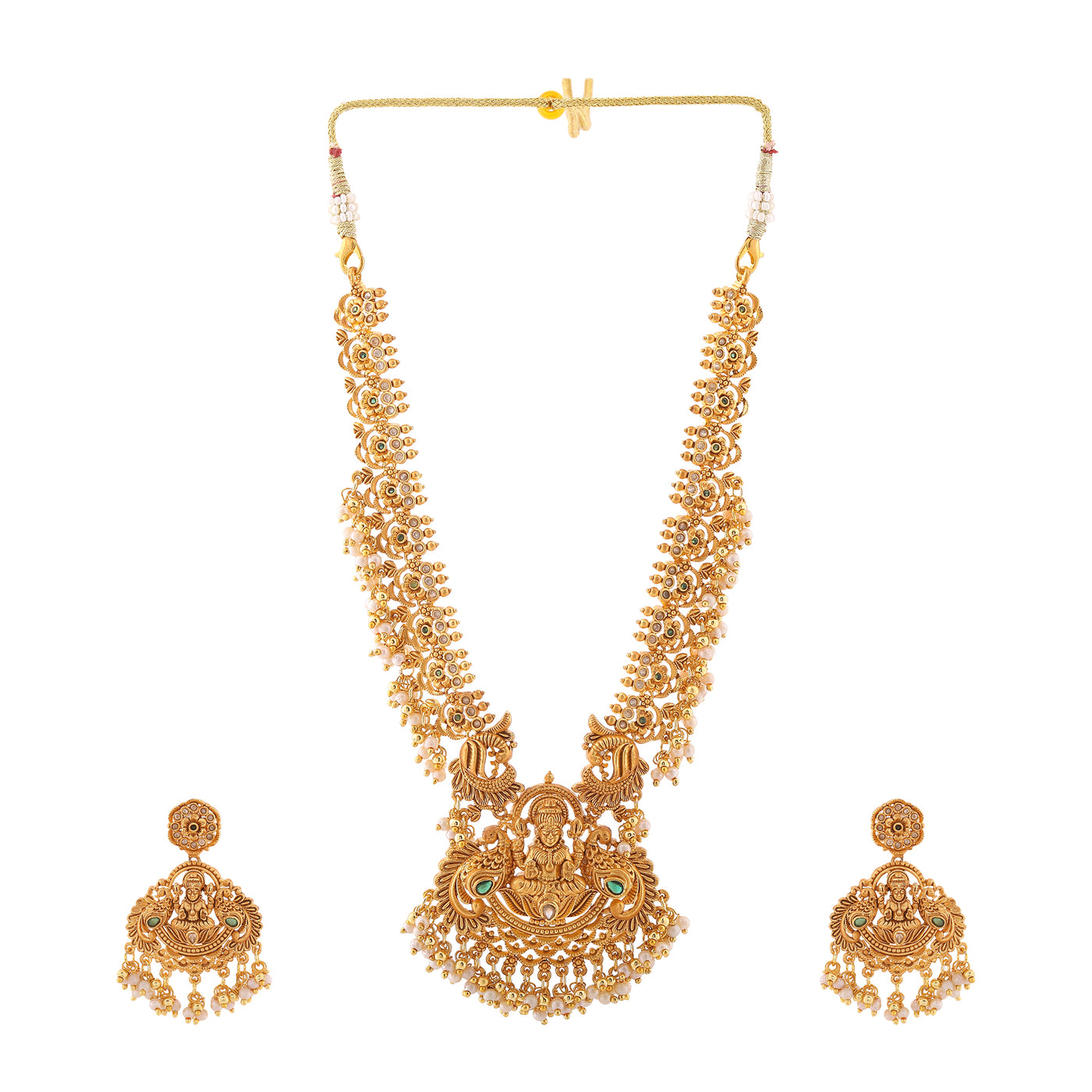 Estele Gold Plated CZ Divine Lakshmi Devi Designer Bridal Necklace Set with Pearls for Women