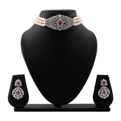 Estele Rhodium Plated CZ Enchanted Pearl Choker Necklace Set for Women