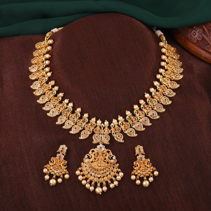 Estele Gold Plated CZ Spiritual Lakshmi Devi Designer Bridal Necklace Set for Women