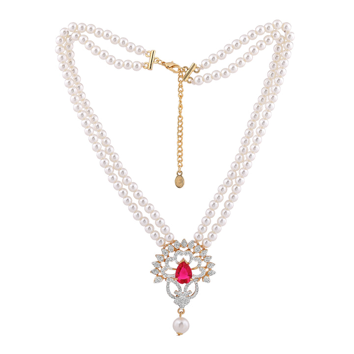 Estele Gold Plated Charming Pearls Necklace Set with Ruby Stones for Women