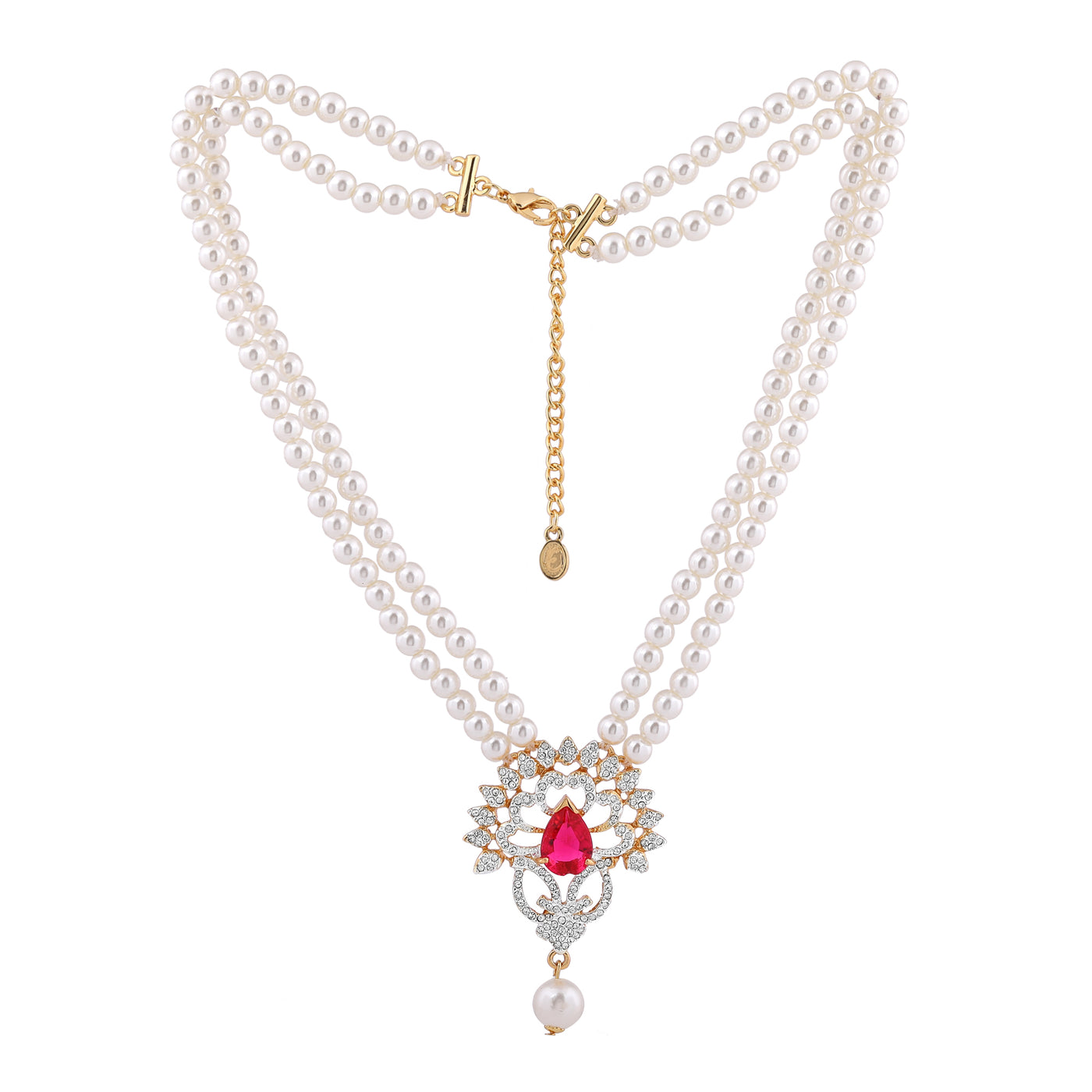 Estele Gold Plated Charming Pearls Necklace Set with Ruby Stones for Women