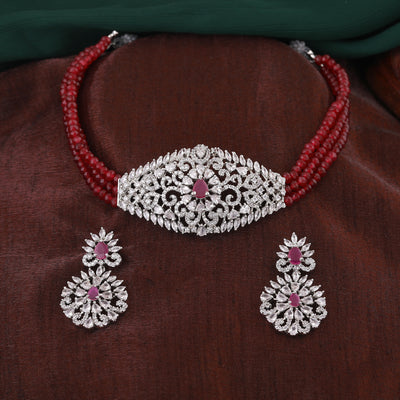 Estele Rhodium CZ Plated Magnificent Choker Necklace Set for Women