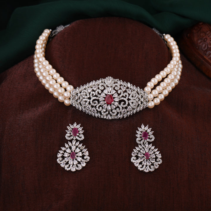 Estele Rhodium Plated CZ Enchanted Pearl Choker Necklace Set for Women