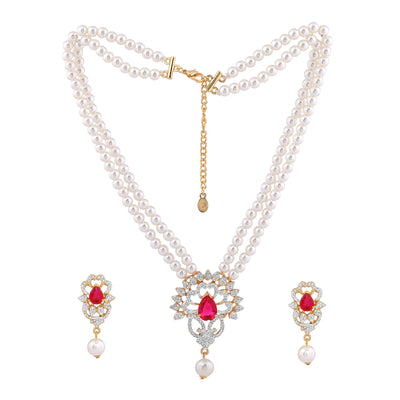Estele Gold Plated Charming Pearls Necklace Set with Ruby Stones for Women