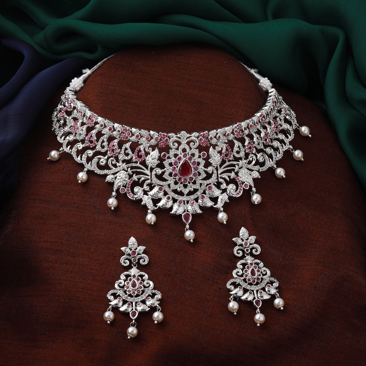 Estele Rhodium Plated CZ Magnificent Bridal Necklace Set with Red Stones & Pearls for Women