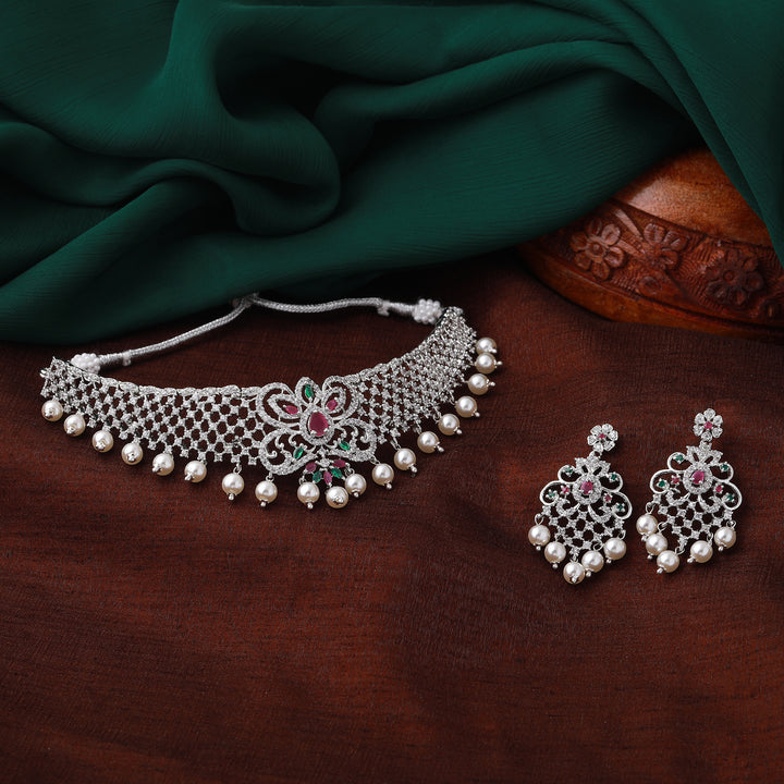 Estele Rhodium Plated CZ Elegant Bridal Choker Necklace Set with Colored Stones & Pearls for Women