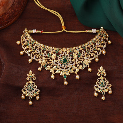Estele Gold Plated CZ Magnificent Bridal Choker Necklace Set with Green Stones & Pearls for Women