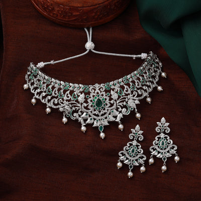 Estele Rhodium Plated CZ Magnificent Bridal Choker Necklace Set with Green Stones & Pearls for Women