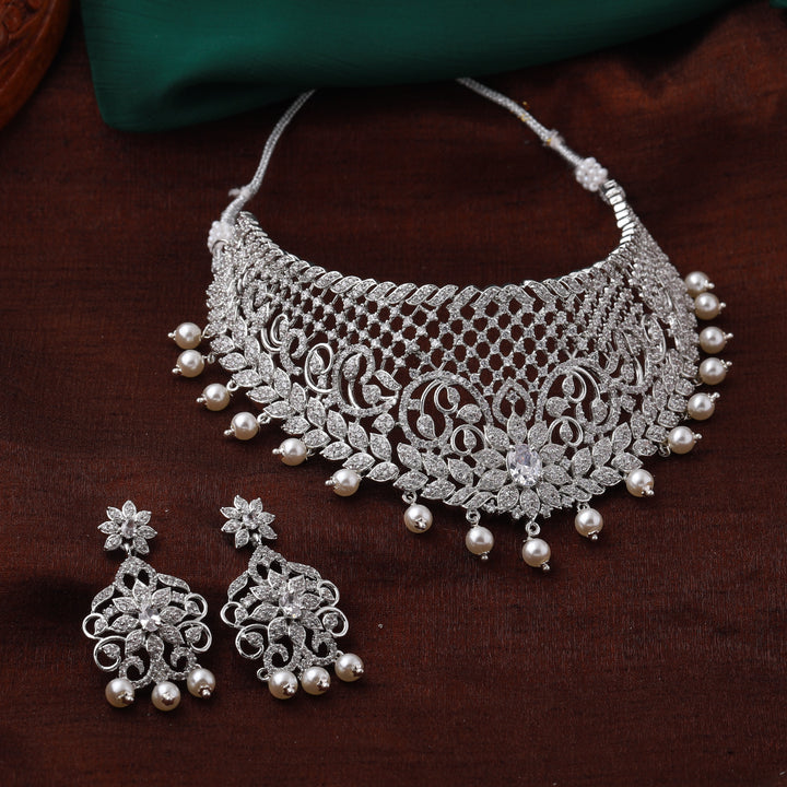 Estele Rhodium Plated CZ Bridal Choker Necklace Set with Crystals & Pearls for Women