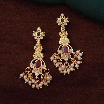 Matt Finish Premium Quality Ruby Stone Goddess Lakshmi Design With pearls  Beeds Hanging Earrings Set By Online