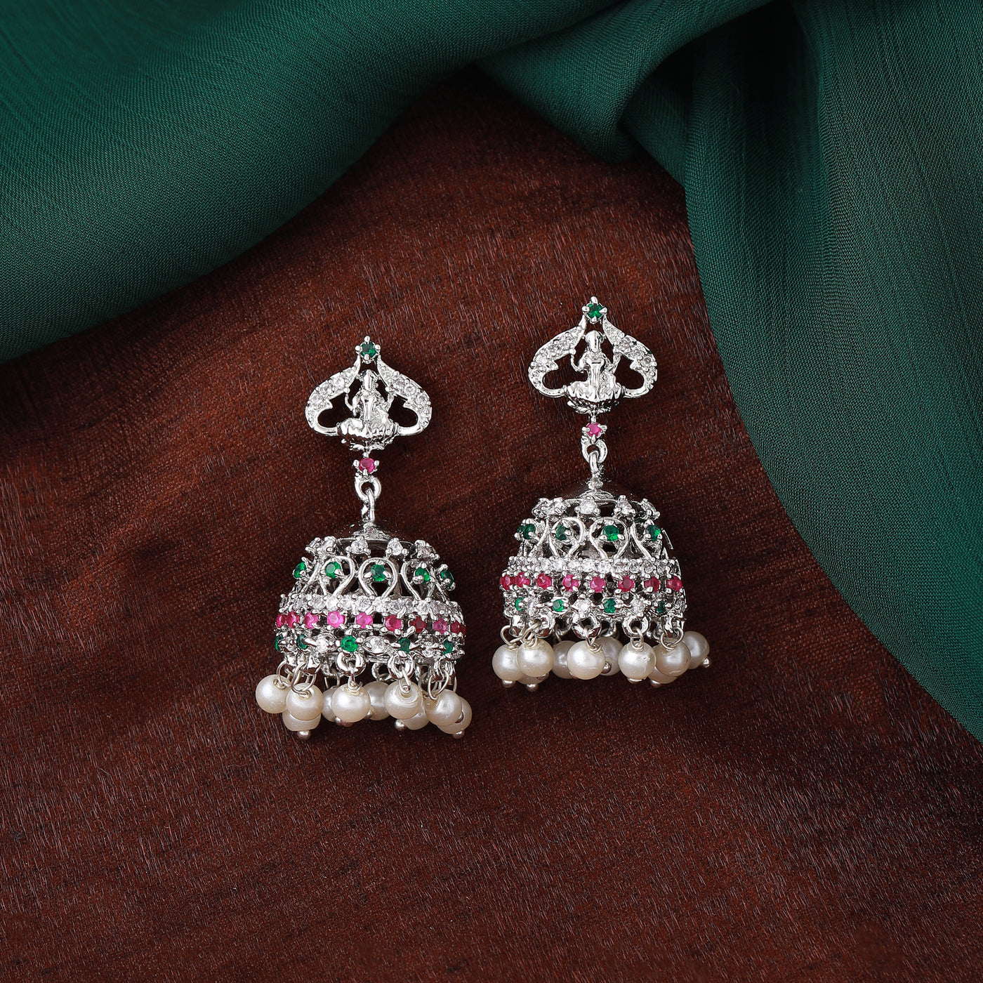Estele Rhodium Plated CZ Divine Lakshmi Devi Designer Earrings with Pearls for Women
