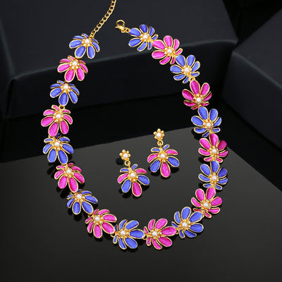 Estele Gold Plated Floret Designer Necklace Set with Pearls & Enamel for Women