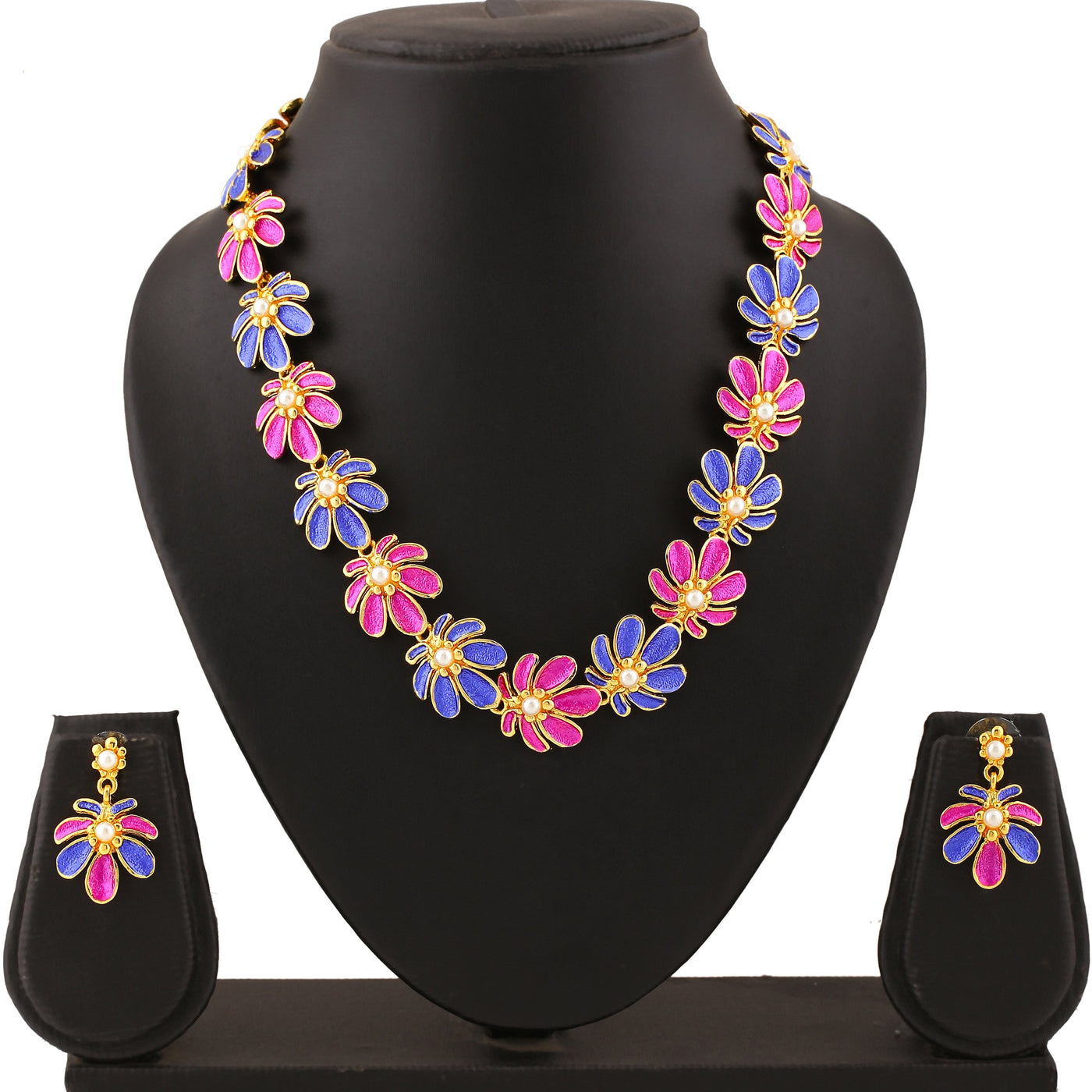 Estele Gold Plated Floret Designer Necklace Set with Pearls & Enamel for Women