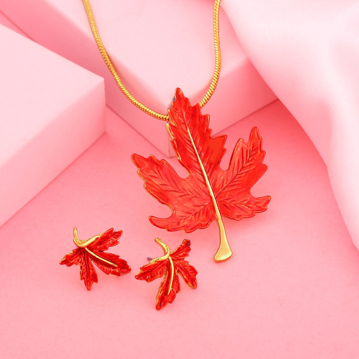 Estele Gold Plated Leaf Designer Necklace Set with Enamel for Women