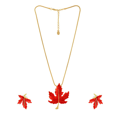 Estele Gold Plated Leaf Designer Necklace Set with Enamel for Women