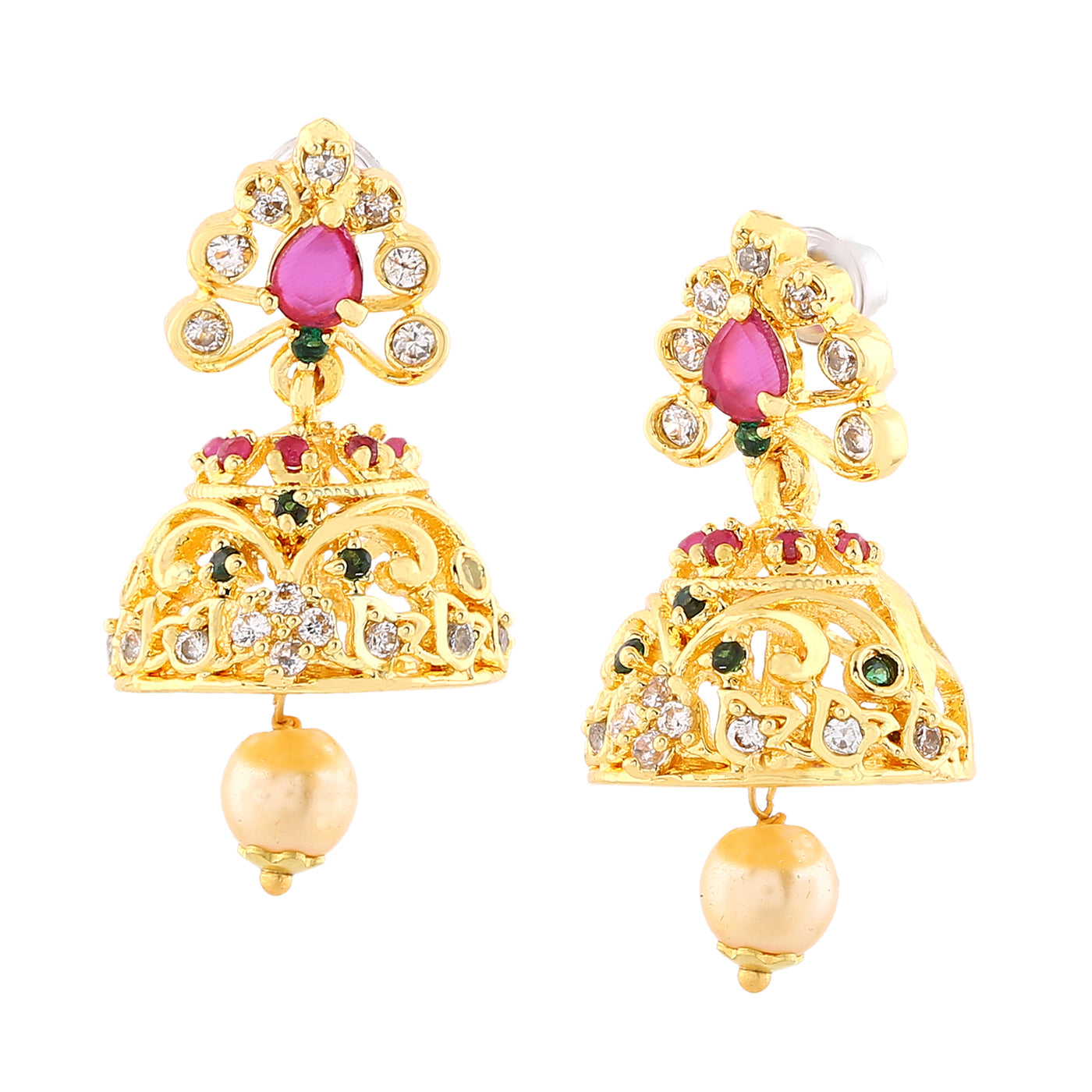 Estele Gold Plated CZ Designer Bridal Jhumki Earrings with Pearl & Multi Color Crystals for Women