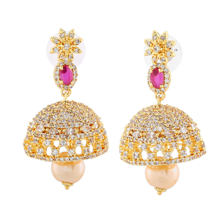 Estele Gold Plated CZ Designer Jaliwala Jhumka Earrings with Pearl & Ruby Crystals for Women