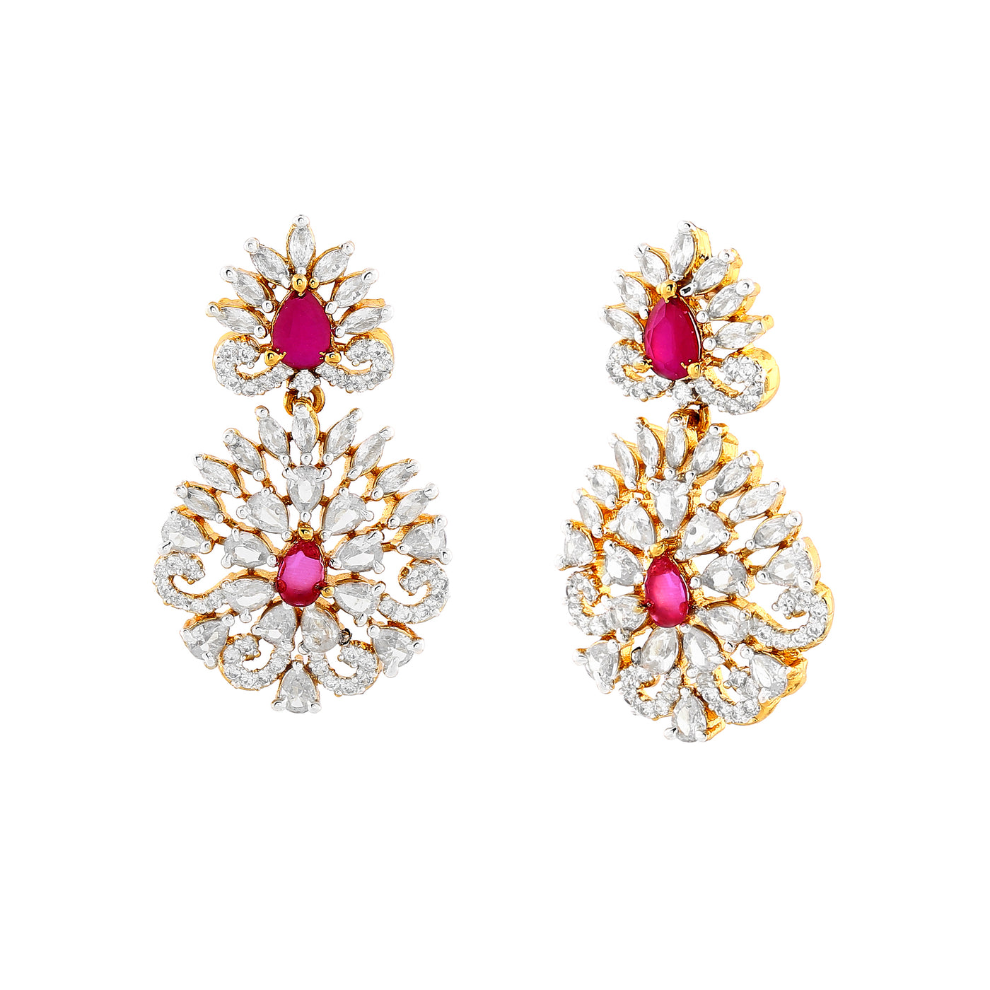 Estele Gold Plated CZ Radiance Flower Designer Earrings with Pink Crystals for Women