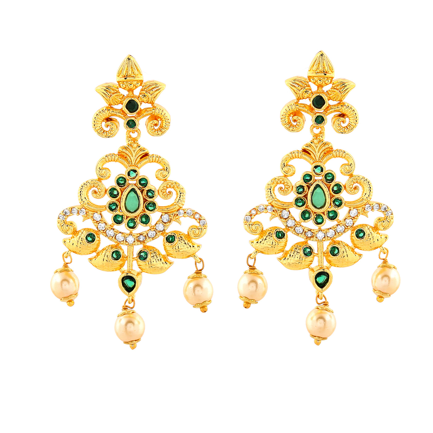 Estele Gold Plated CZ Swirling Symphony Earrings with Pearl & Green Crystals for Women