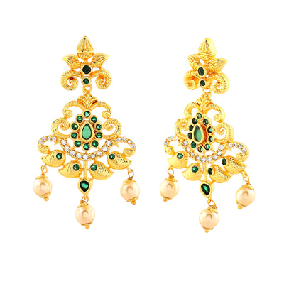 Estele Gold Plated CZ Swirling Symphony Earrings with Pearl & Green Crystals for Women