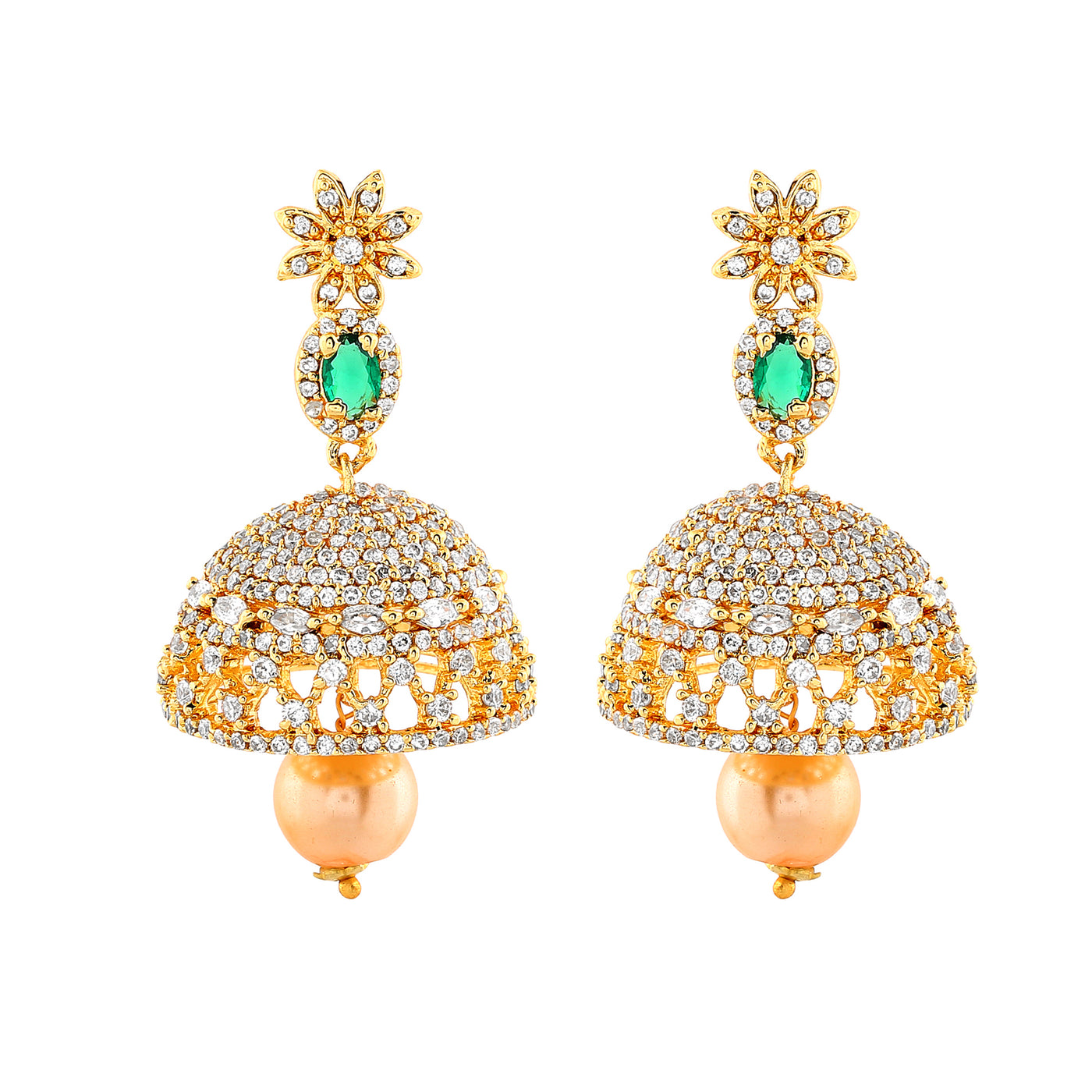 Estele Gold Plated CZ Designer Jaliwala Jhumka Earrings with Pearl & Emerald Crystals for Women