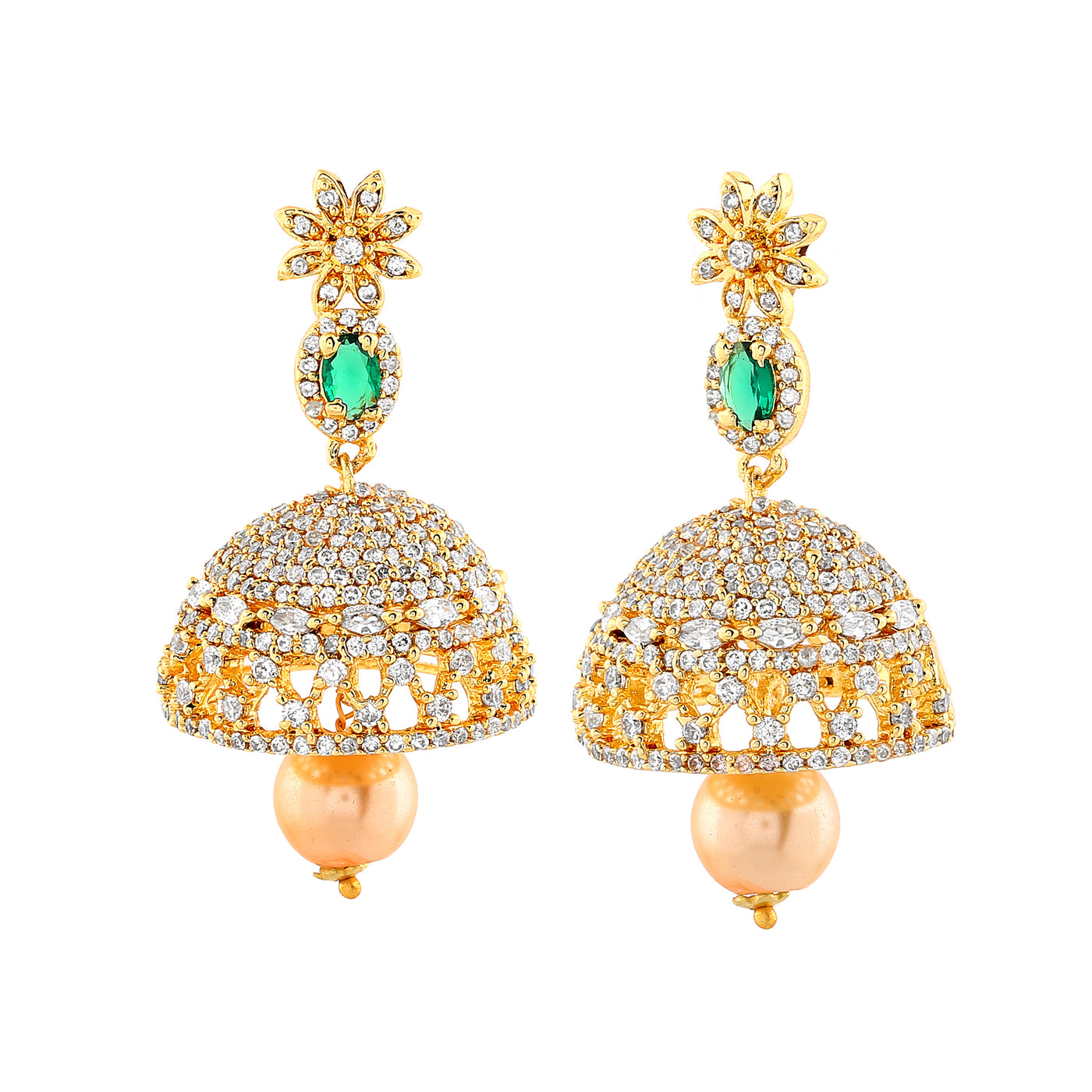 Estele Gold Plated CZ Designer Jaliwala Jhumka Earrings with Pearl & Emerald Crystals for Women
