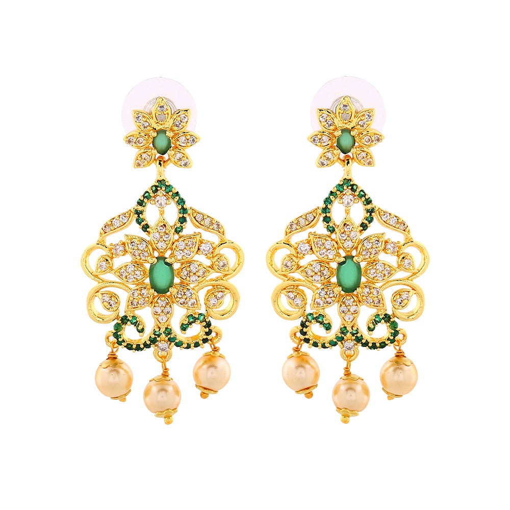 Estele Gold Plated CZ Enchanting Drop Earrings with Pearl & Green Crystals for Women