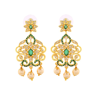 Estele Gold Plated CZ Enchanting Drop Earrings with Pearl & Green Crystals for Women