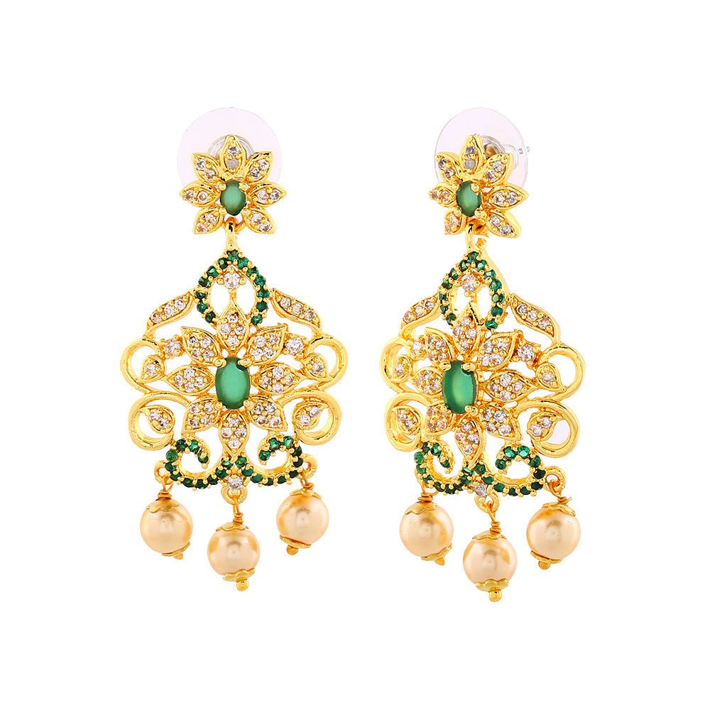 Estele Gold Plated CZ Enchanting Drop Earrings with Pearl & Green Crystals for Women