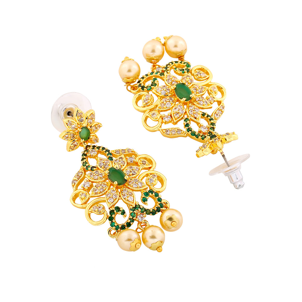 Estele Gold Plated CZ Enchanting Drop Earrings with Pearl & Green Crystals for Women