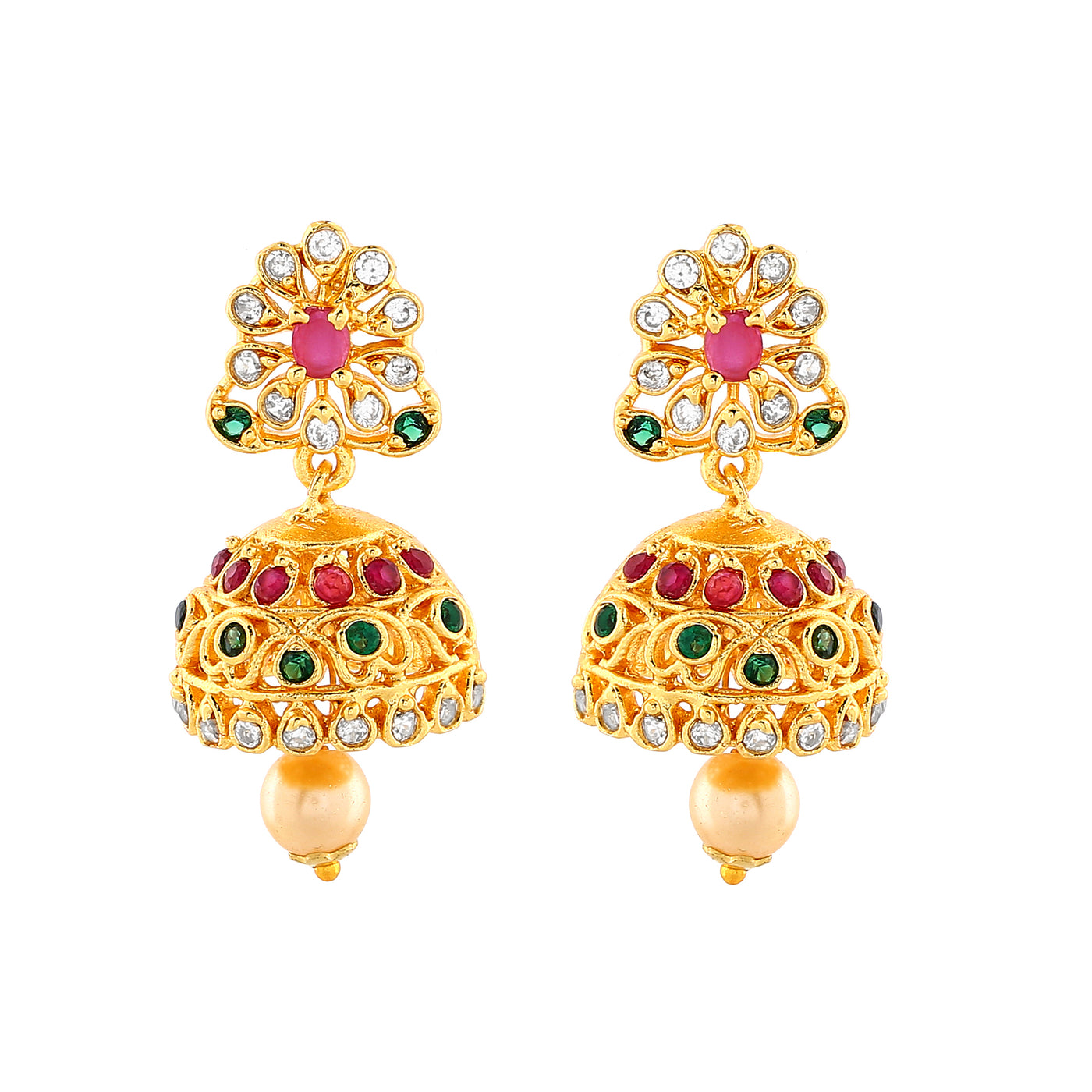 Estele Gold Plated CZ Intricate Jhumki Earrings with Pearl & Multi Color Crystals for Women