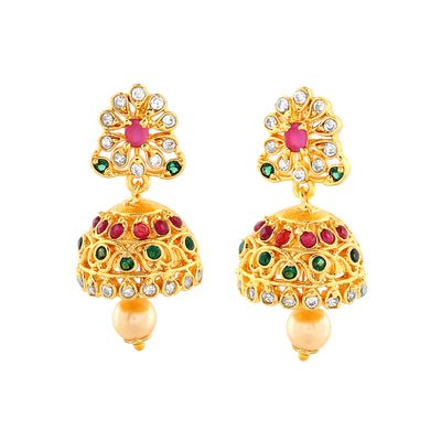 Estele Gold Plated CZ Intricate Jhumki Earrings with Pearl & Multi Color Crystals for Women