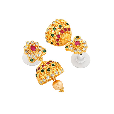 Estele Gold Plated CZ Intricate Jhumki Earrings with Pearl & Multi Color Crystals for Women