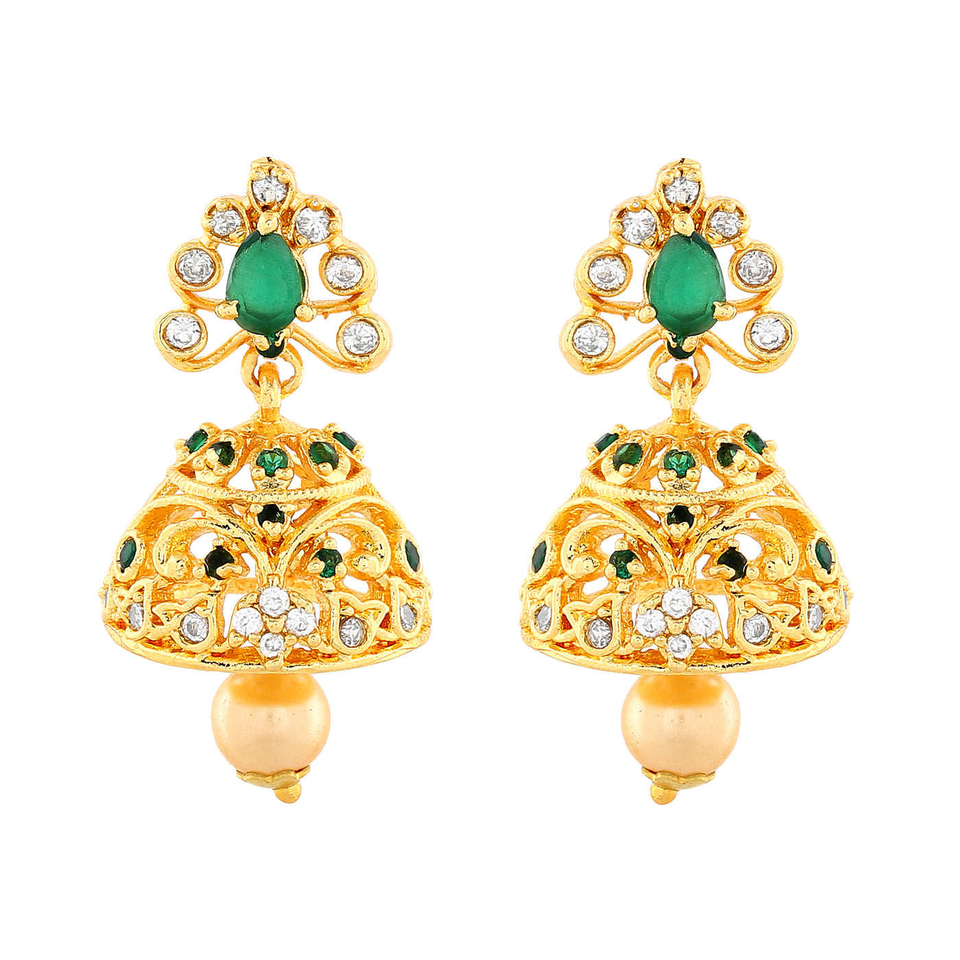 Estele Gold Plated CZ Splendid Jhumki Earrings with Pearl & Green Crystals for Women