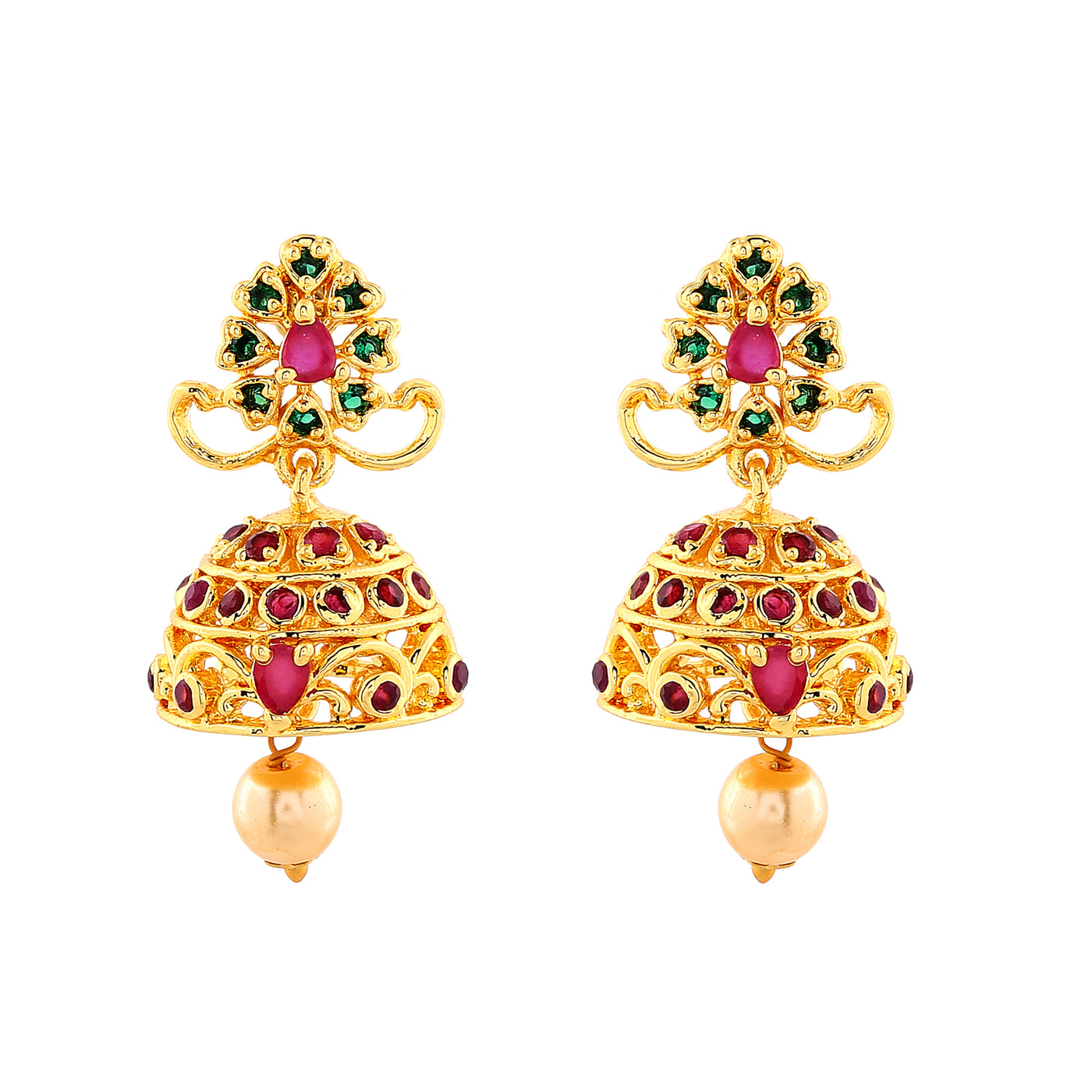 Estele Gold Plated CZ Exquisite Jhumki Earrings with Pearl & Multi Color Crystals for Women