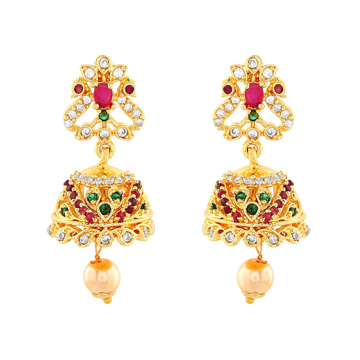 Estele Gold Plated CZ Arcadia Jhumki Earrings with Pearl & Ruby Crystals for Women