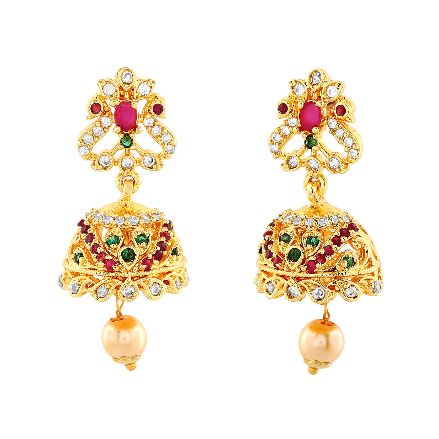 Estele Gold Plated CZ Arcadia Jhumki Earrings with Pearl & Ruby Crystals for Women