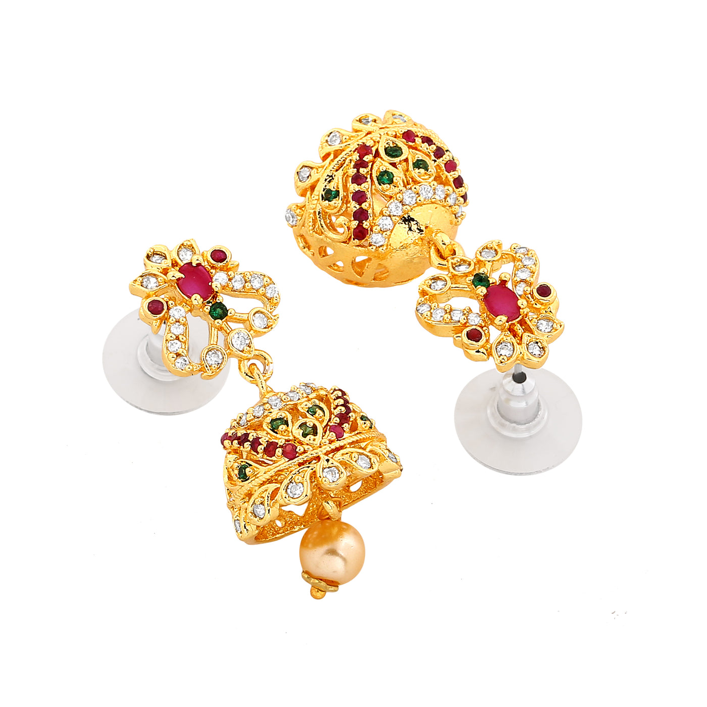 Estele Gold Plated CZ Arcadia Jhumki Earrings with Pearl & Ruby Crystals for Women