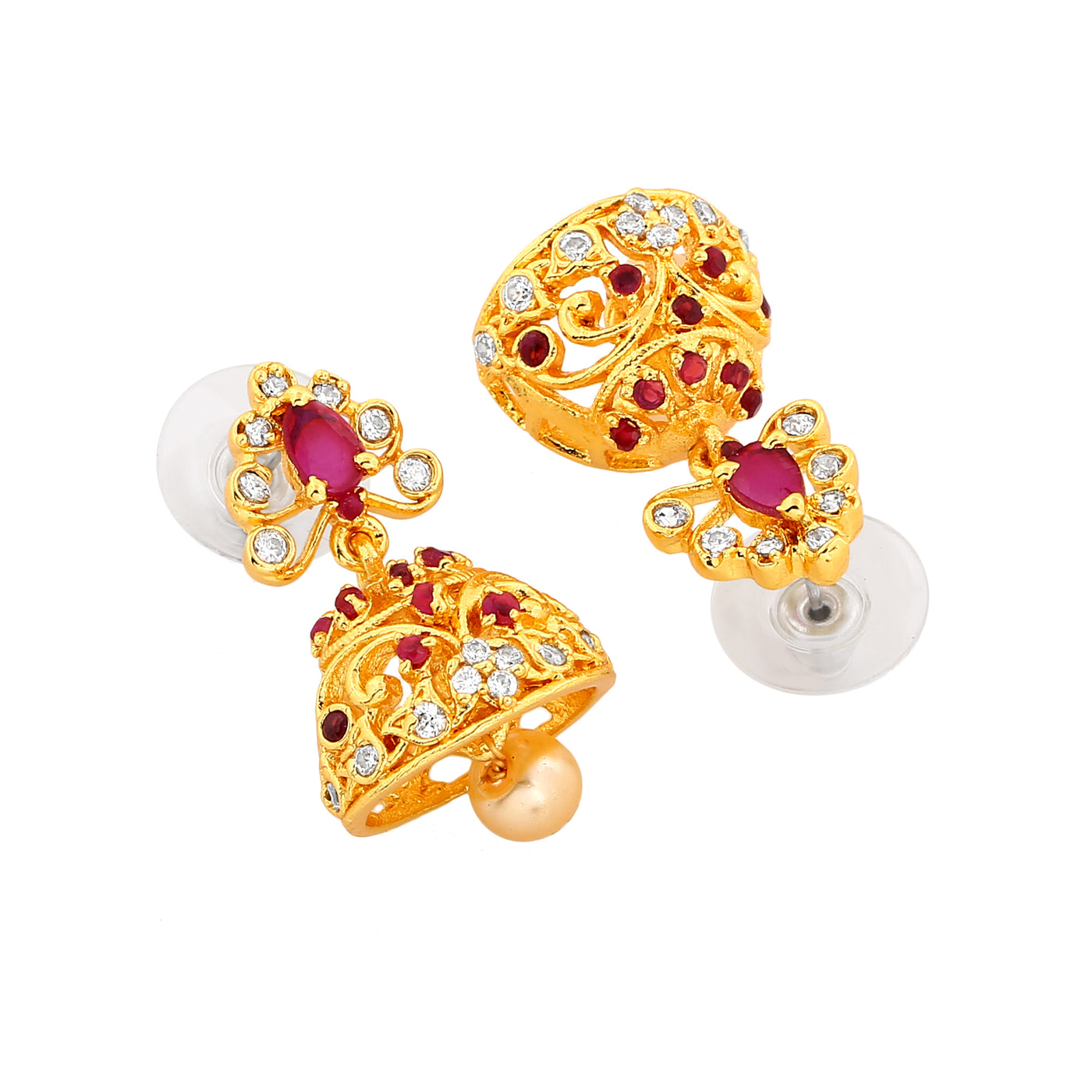 Estele Gold Plated CZ Sparkling Jhumki Earrings with Pearls & Pink Crystals for Women