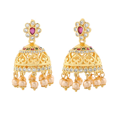 Estele Gold Plated CZ Elegant Jhumka Earrings with Pearl & Pink Crystals for Women